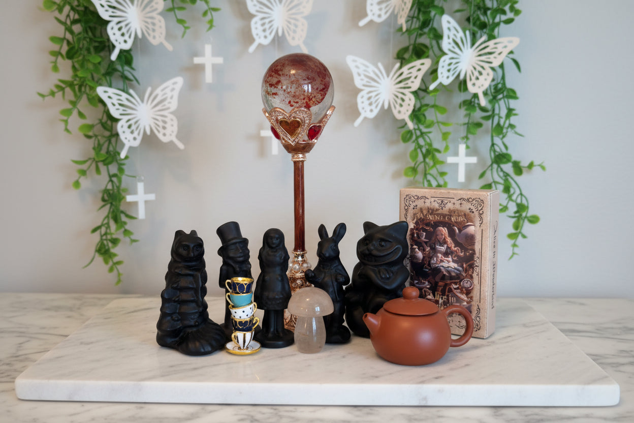 Alice in Wonderland crystal figurine set with Obsidian and Quartz