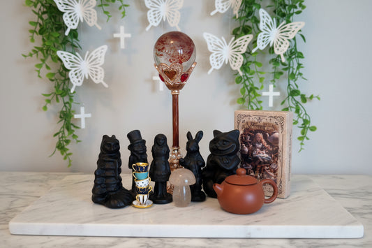 Alice in Wonderland crystal figurine set with Obsidian and Quartz