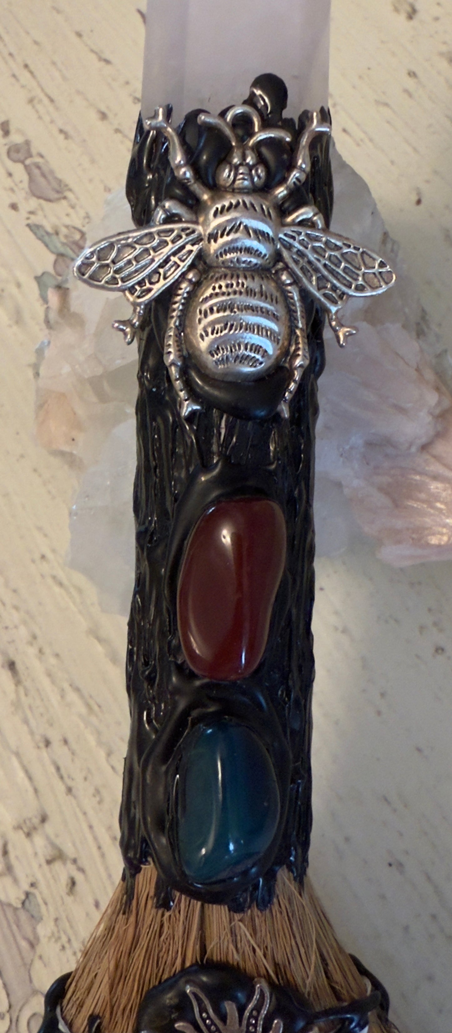 XL witch protection altar broom with peacock feathers and clear quartz finial for spiritual cleansing and energy amplification