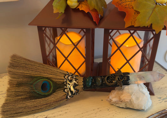 Protection besom with Peacock feathers and Fluorite finial