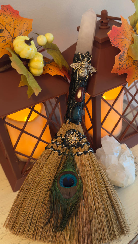 Witch Protection Broom with Peacock Feathers, Clear Quartz finial for spiritual cleansing and energy amplification