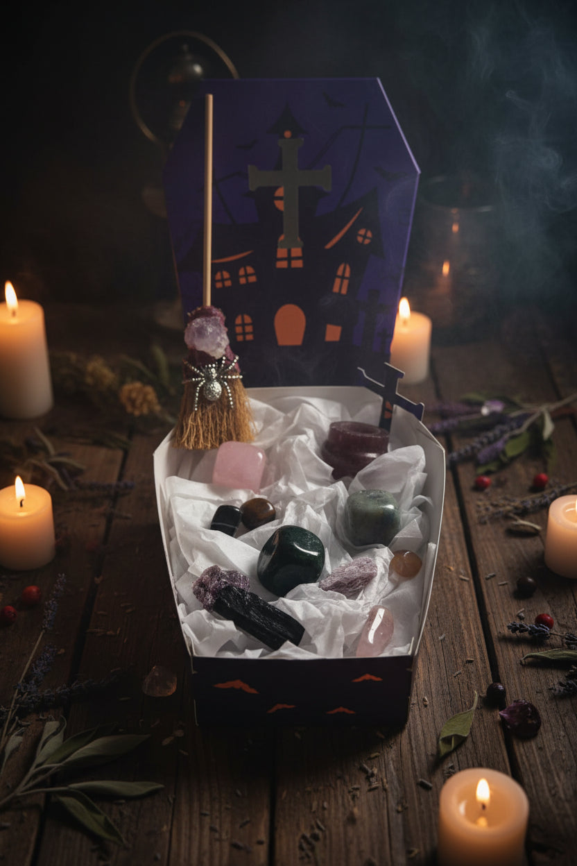 Halloween crystal bundle with a witch broom crystal tumbles and black tourmaline.  Photo on an old wooden table with candles and mist 