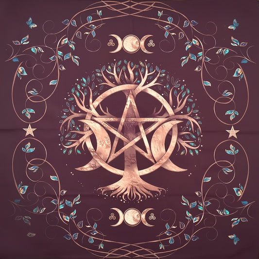 Pentacle Tree of Life Altar Cloth brown colors with pentacle centered within the tree of life.  Brown earthy colors surrounded by blue flowers on a vine and blue butterflies  Two crescent moons flank the pentacle