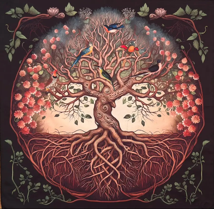 Tree of Life Altar Cloth black poly blend fabric. design shows tree with detailed root system, birds in top branches and pink flowers flank the tree