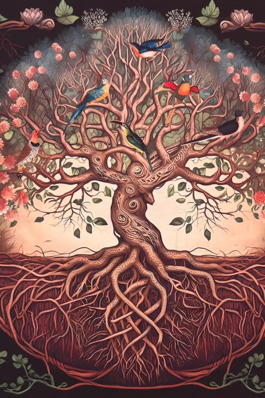 close up of tree of life altar cloth design beautiful tree with colorful birds in the branches.  tree has very detailed root system, earthy browns, off white and pink flowers