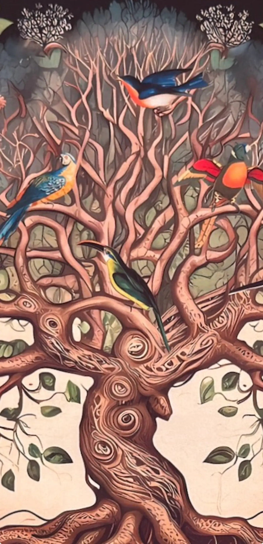 close up of tree of life altar cloth showing colorful birds in the branches earthy browns and bright dramatic colors 