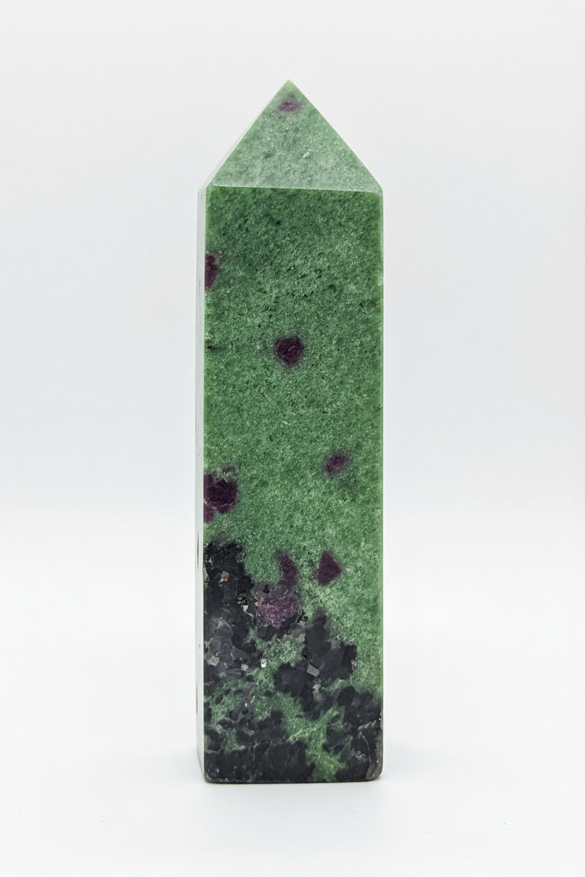 Ruby in Zoisite Tower Bright Greens and purples.  