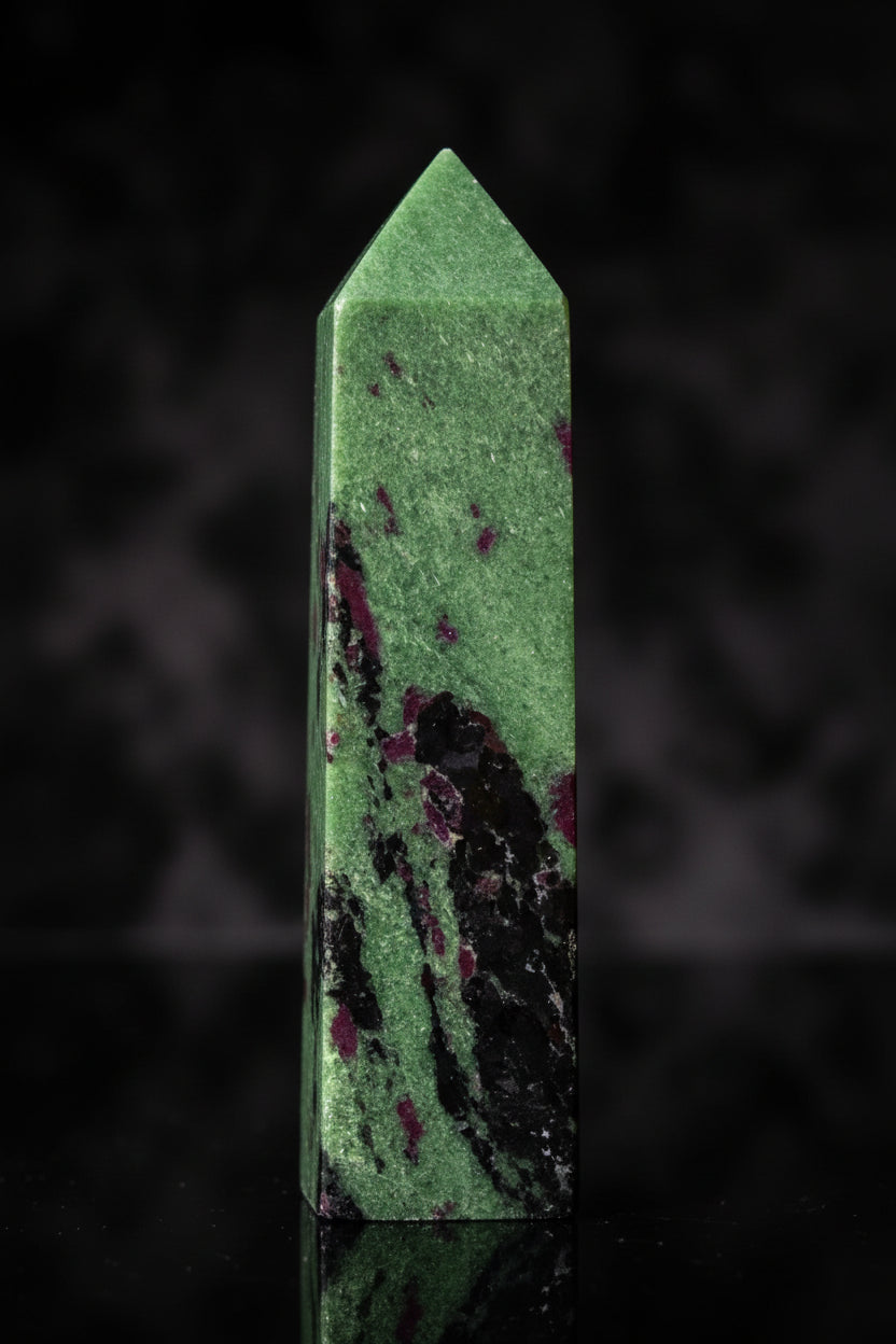 Ruby in Zoisite tower  Bright Greens streaks of purple and black 