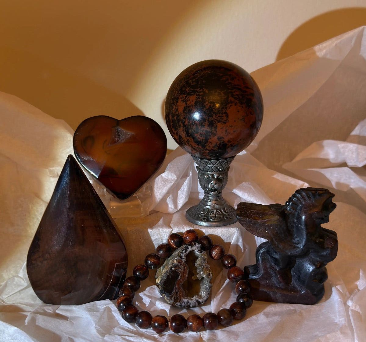 Mahogany Obsidian set photo Sphere on a brass stand, Carved Heart with druzy, Pegasus Carving Figuring Elastic band 8mm bead bracelet, free form and a geode lovely warm brown tones 
