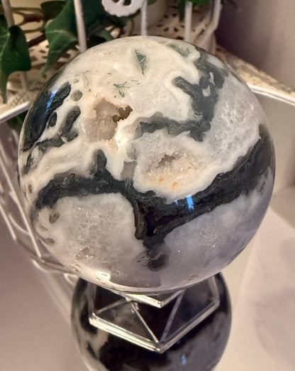 Moss Agate sphere with small druzy close-up