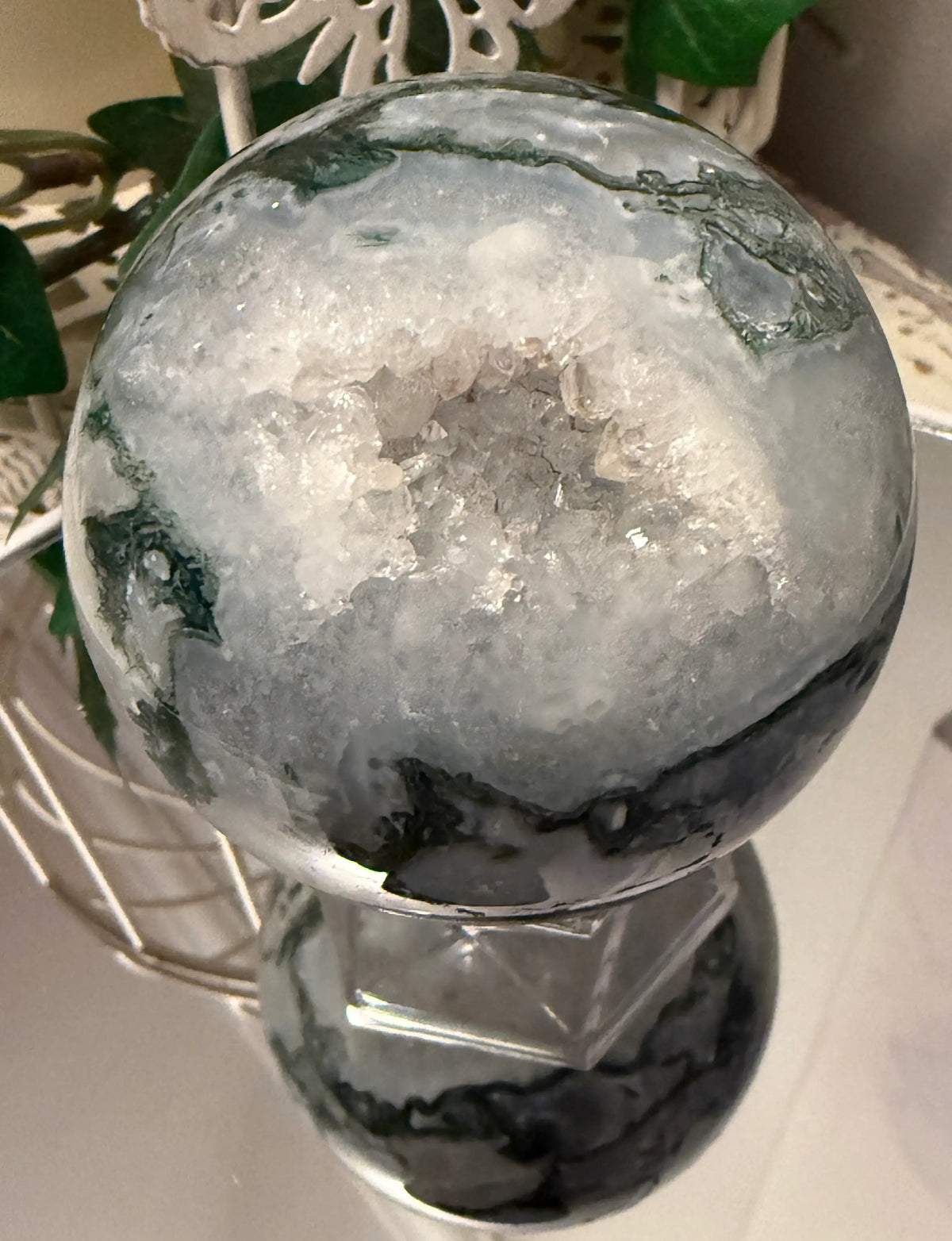Tree Agate druzy sphere with green and white crystal pocket