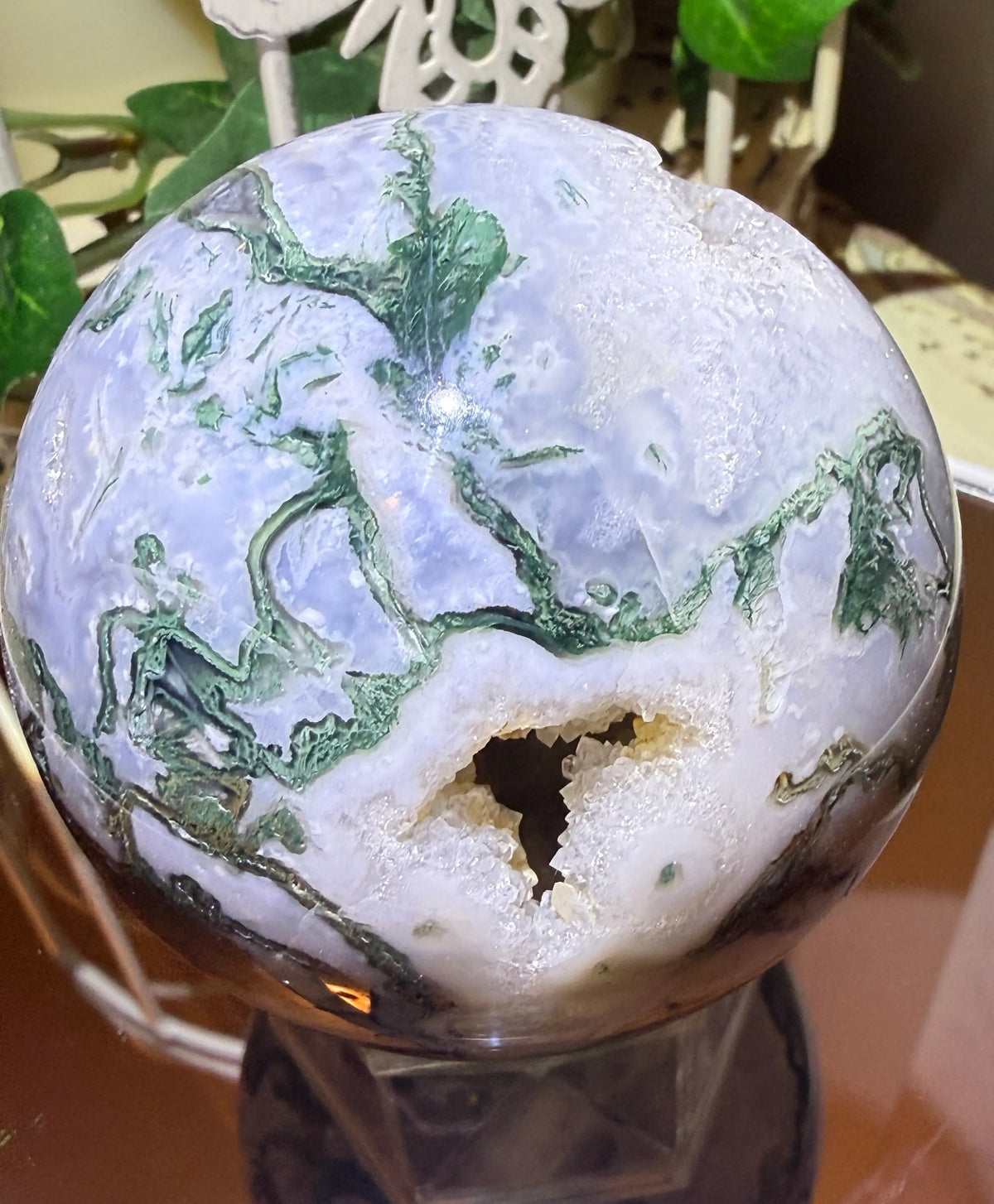 Tree Agate druzy sphere with Clear Quartz pocket