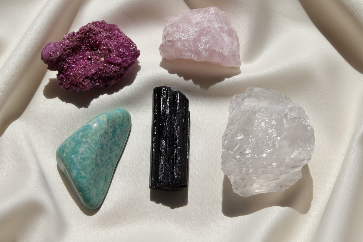 Five crystal set raw ruby (UV reactive), Rose Quartz, Amazonite, Black Tourmaline and Clear Quartz
