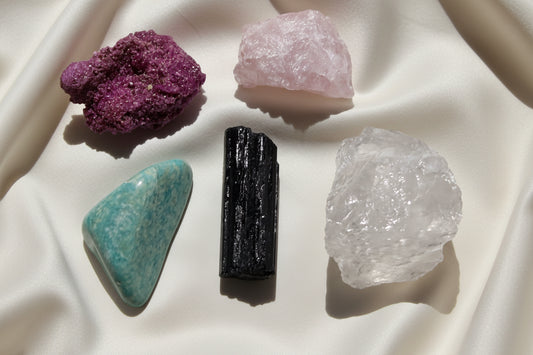 Five crystal set raw ruby (UV reactive), Rose Quartz, Amazonite, Black Tourmaline and Clear Quartz