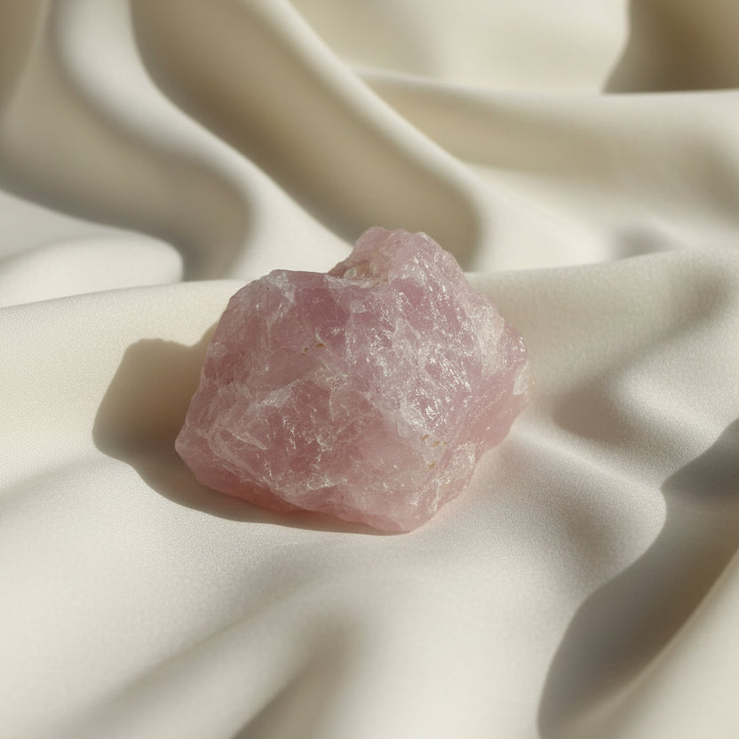 close up rose quartz raw stone. soft pink 