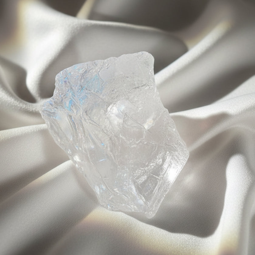 A rough, uncut piece of clear quartz crystal with natural jagged edges and internal inclusions, resting on a textured white surface.