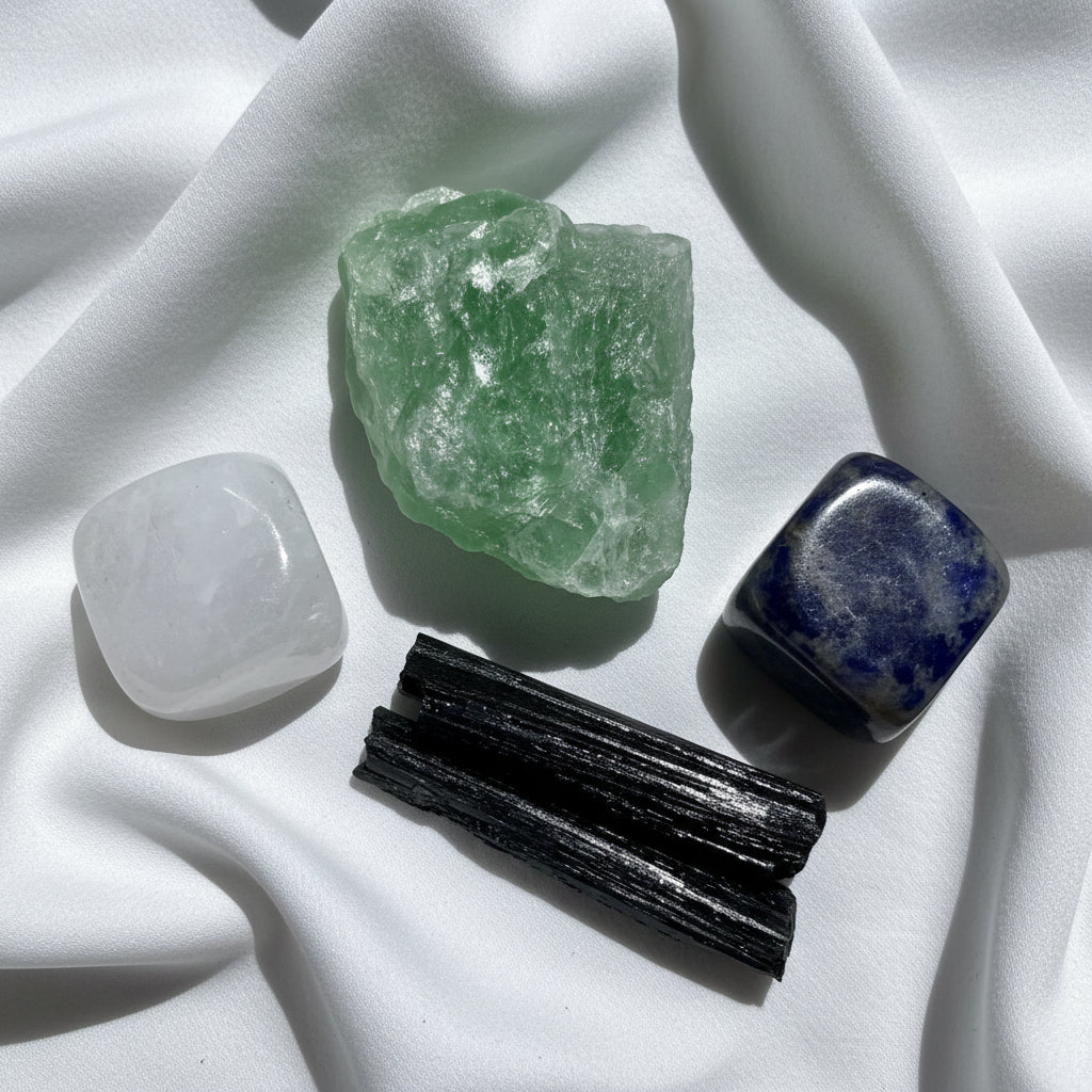 Four crystals on an off white fabric Green Fluorite Specimen, Summer Sodalite Cube, Clear Quartz Cube and Black Tourmaline
