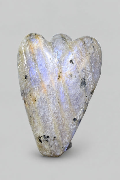 rainbow moonstone hand carved angel figurine.  Natural soft blue adularescence - back side of figurine