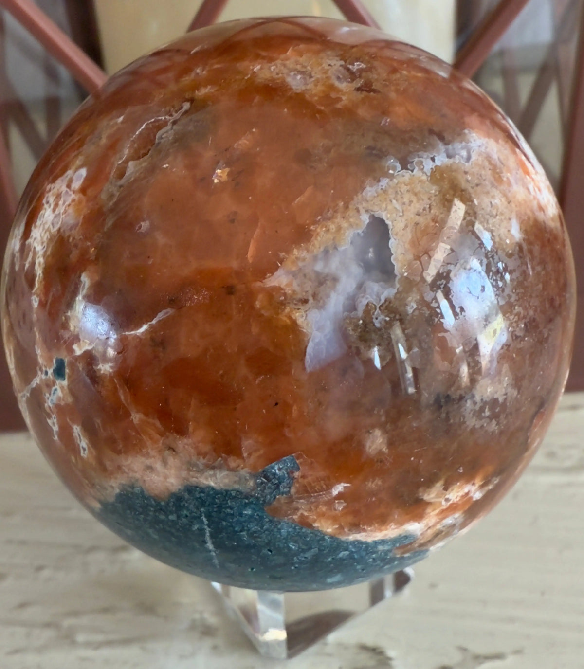 Brecciated Jasper and Apatite crystal sphere close-up