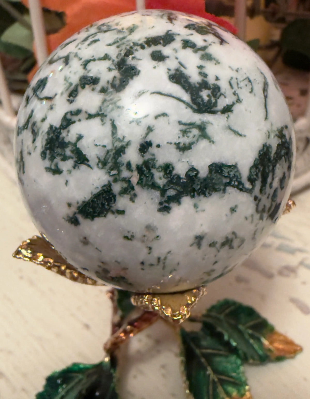 Green Tree Agate crystal sphere small close-up