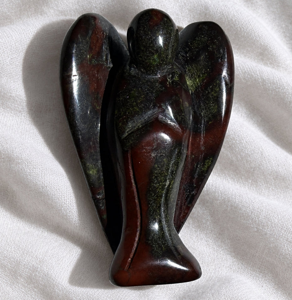 Natural dragon’s bloodstone hand carved angel.  rich deep browns and greens. 