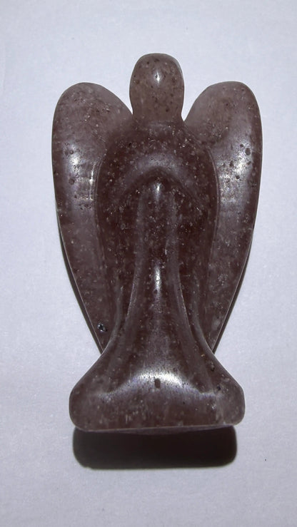 photo of strawberry quartz carved angel, detail include carved wings. color is pinkish