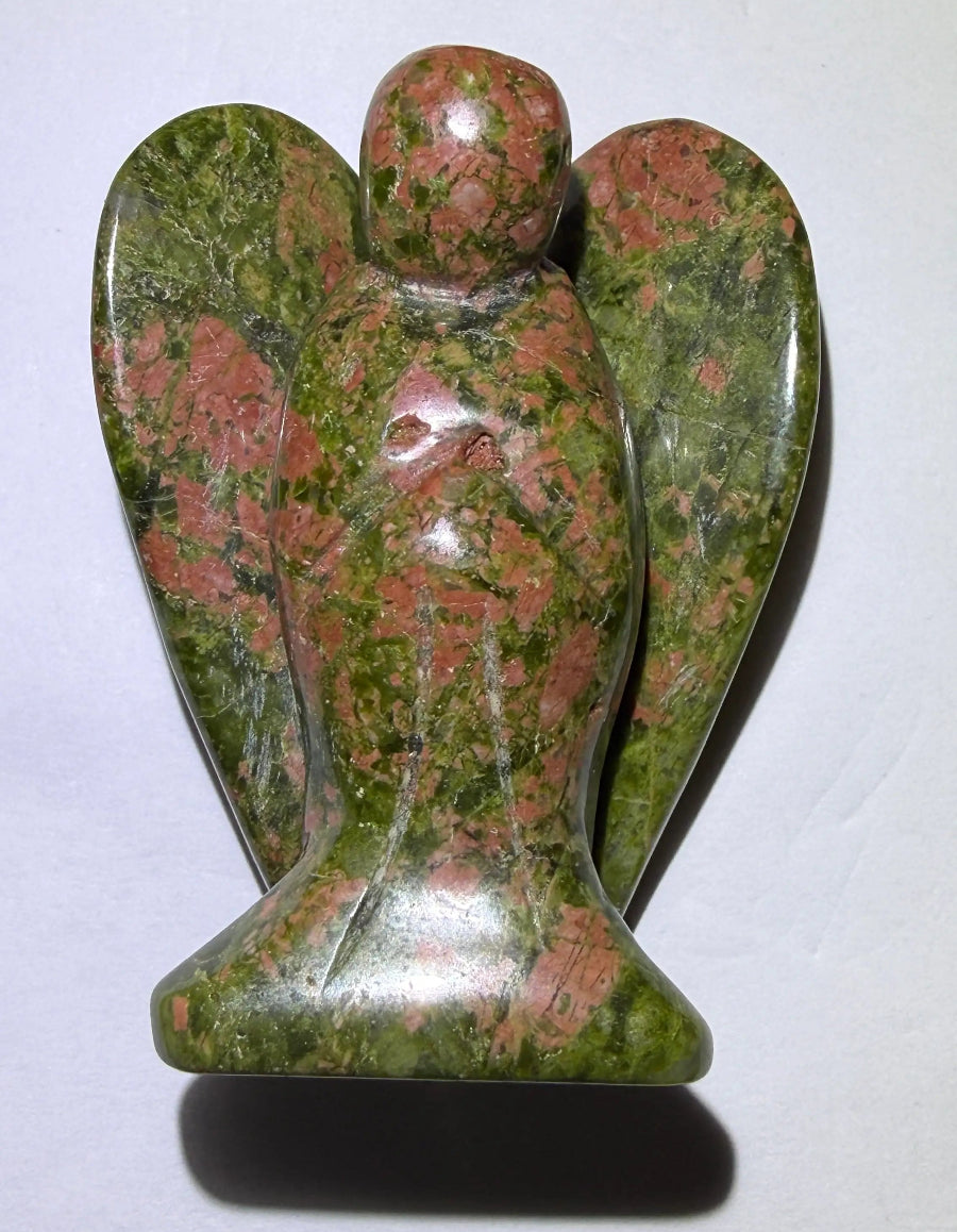 Unakite triple mineral hand carved angel, green epidote, clear quartz and pink feldspar 