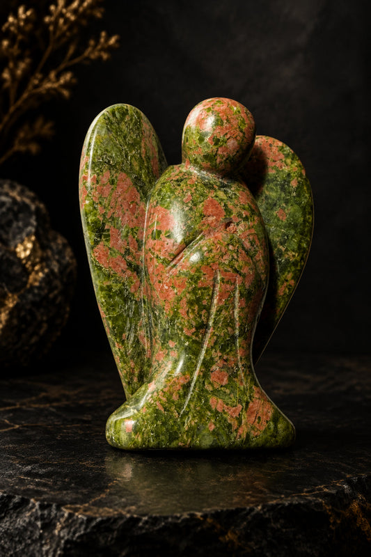 photo side view of a unakite mineral.  Hand carved angel with wings and front detail