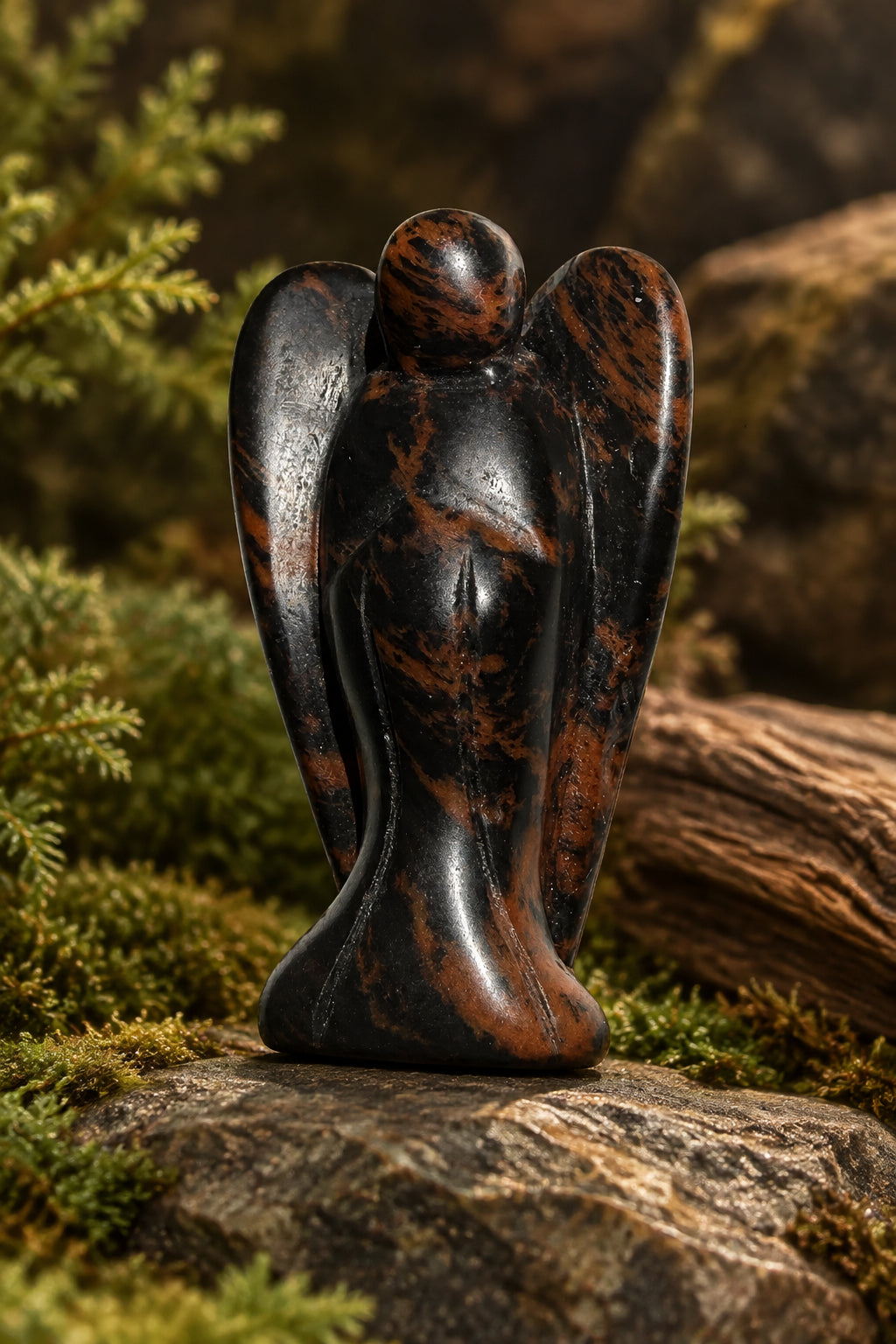 hand carved angel with wings - mahogany obsidian natural crystal