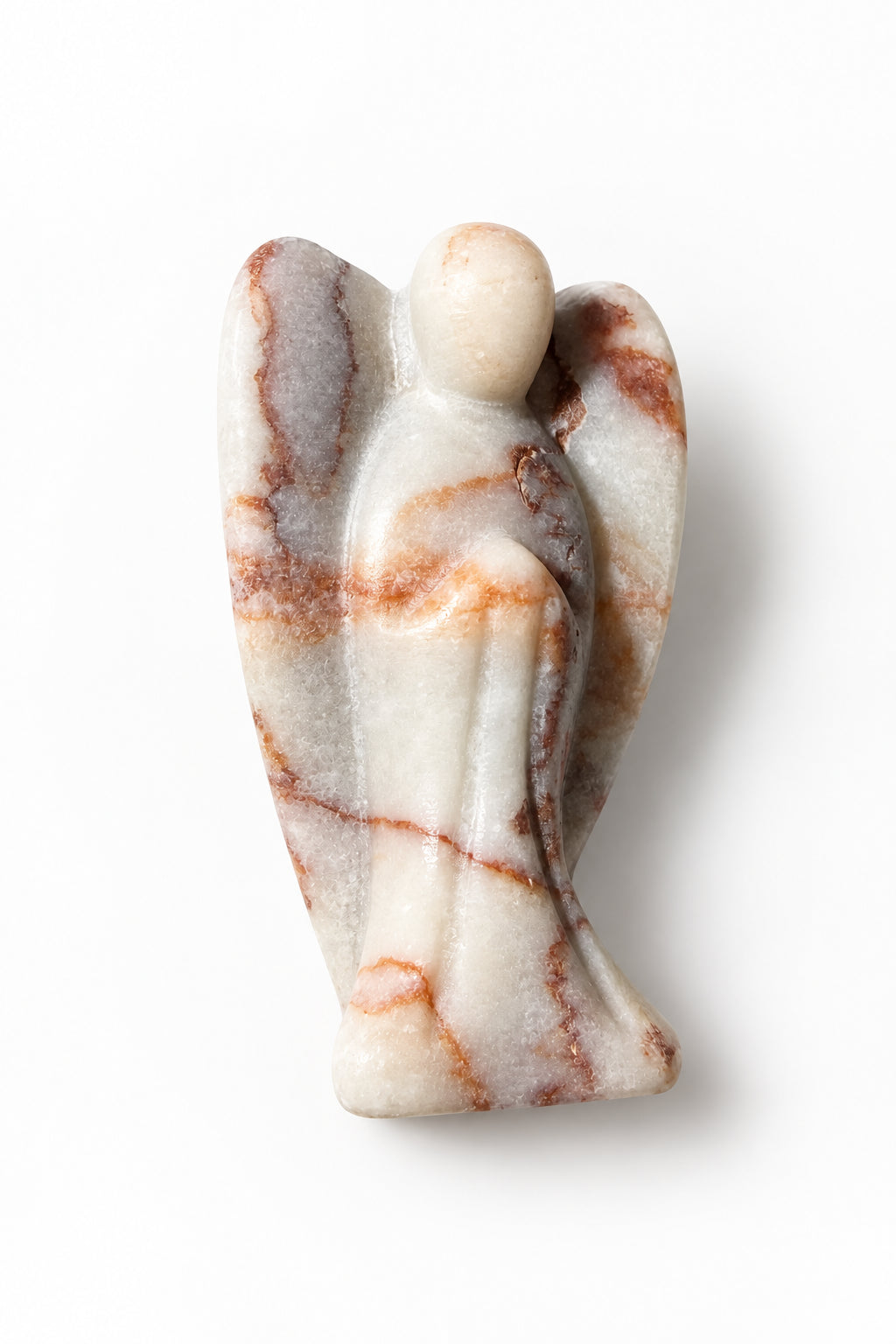 Red vein jasper hand carved angel resting on a white background