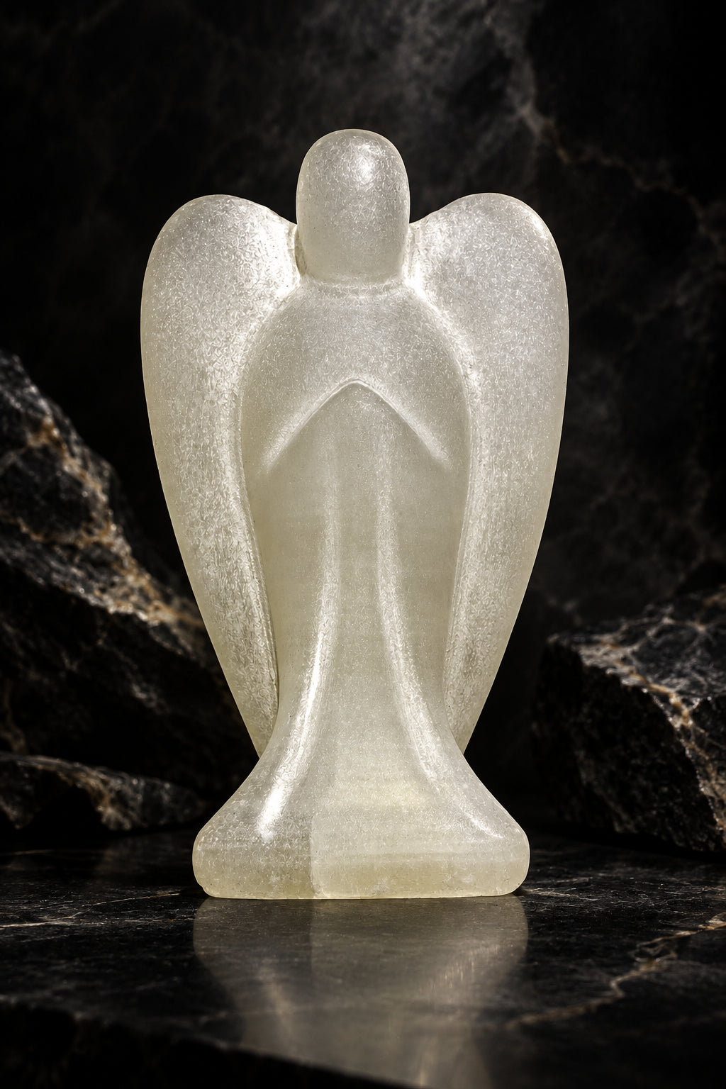 small angel carved from satin spar - sometimes called selenite. 