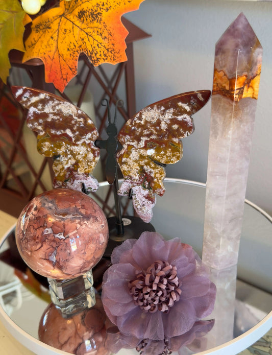 Ocean Jasper Butterfly Wings in stand Red Jasper Sphere with Druzy