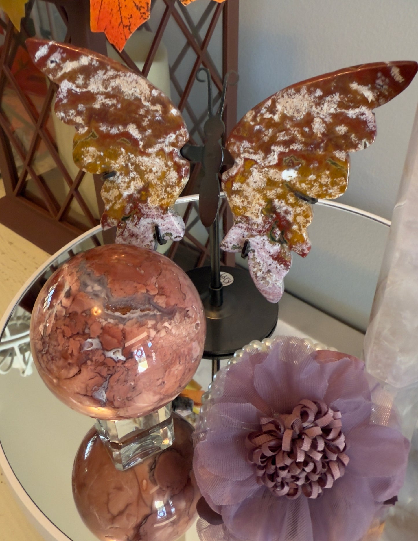 Ocean Jasper Butterfly Wings in stand Red Jasper Sphere with Druzy 