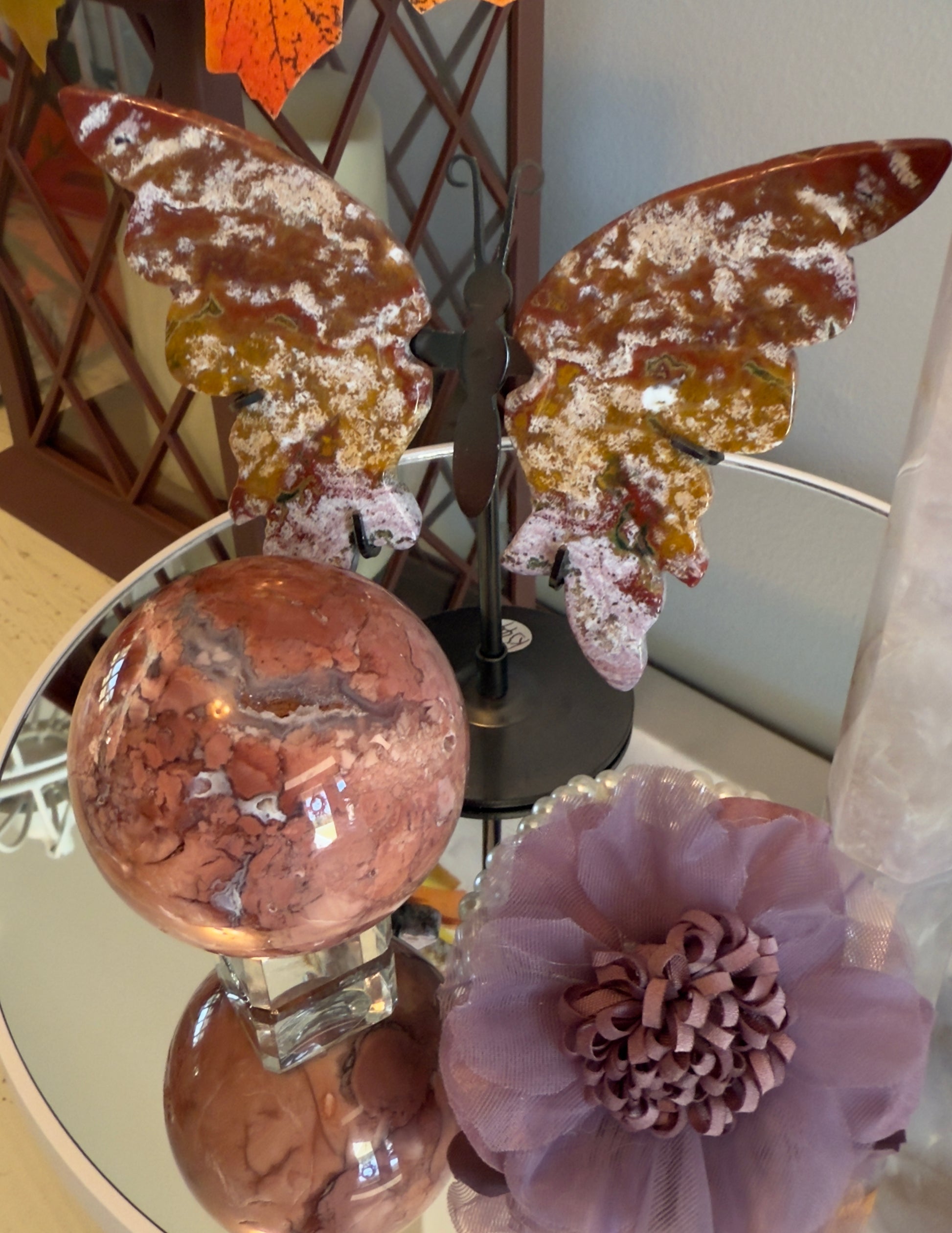 Ocean Jasper Butterfly Wings in stand Red Jasper Sphere with Druzy 