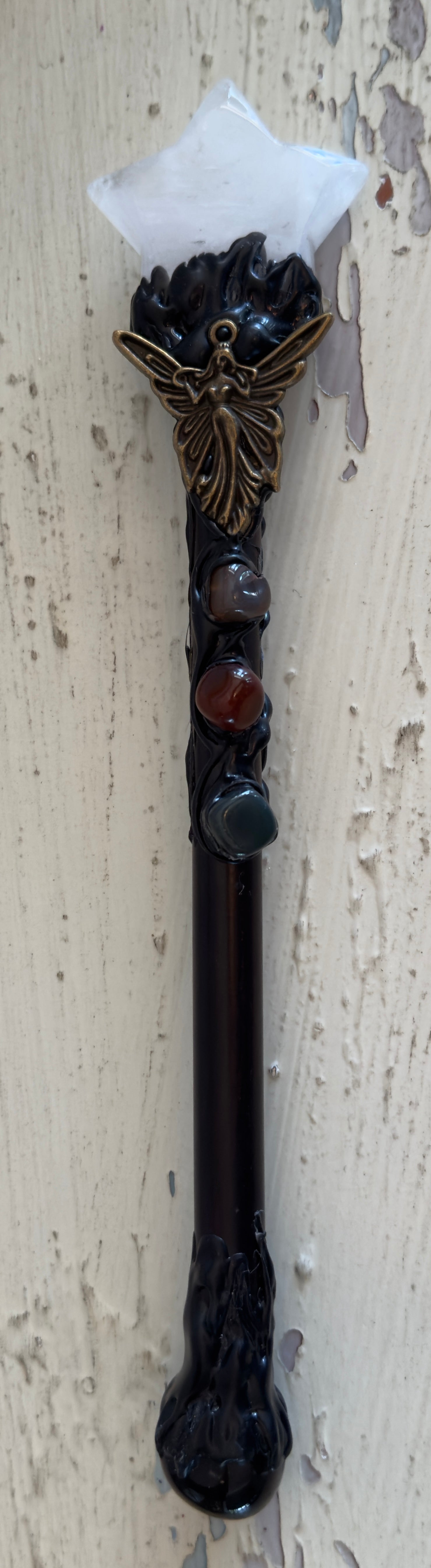 Clear Quartz Finial & Black Obsidian Pommel Scepter with Fairy Charm - Main Street Crystals & Minerals