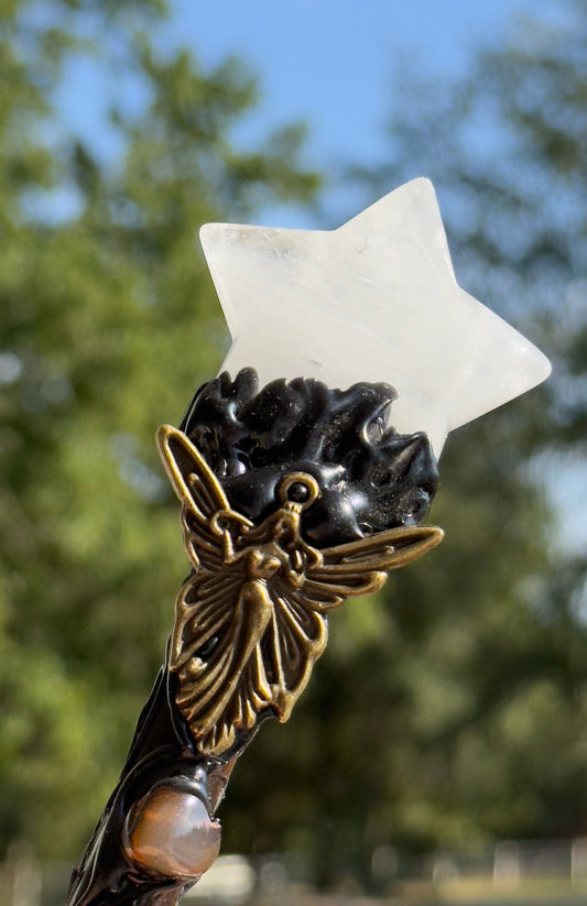 Clear Quartz Finial & Black Obsidian Pommel Scepter with Fairy Charm - Main Street Crystals & Minerals