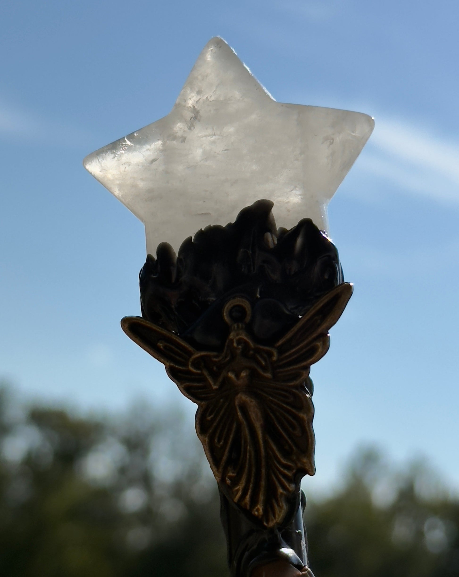 Clear Quartz Finial & Black Obsidian Pommel Scepter with Fairy Charm - Main Street Crystals & Minerals