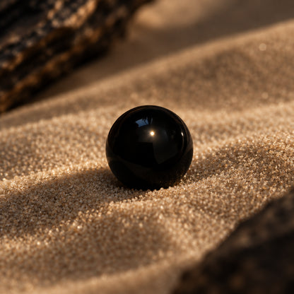 Black agate mini sphere displayed on a bed of sand
