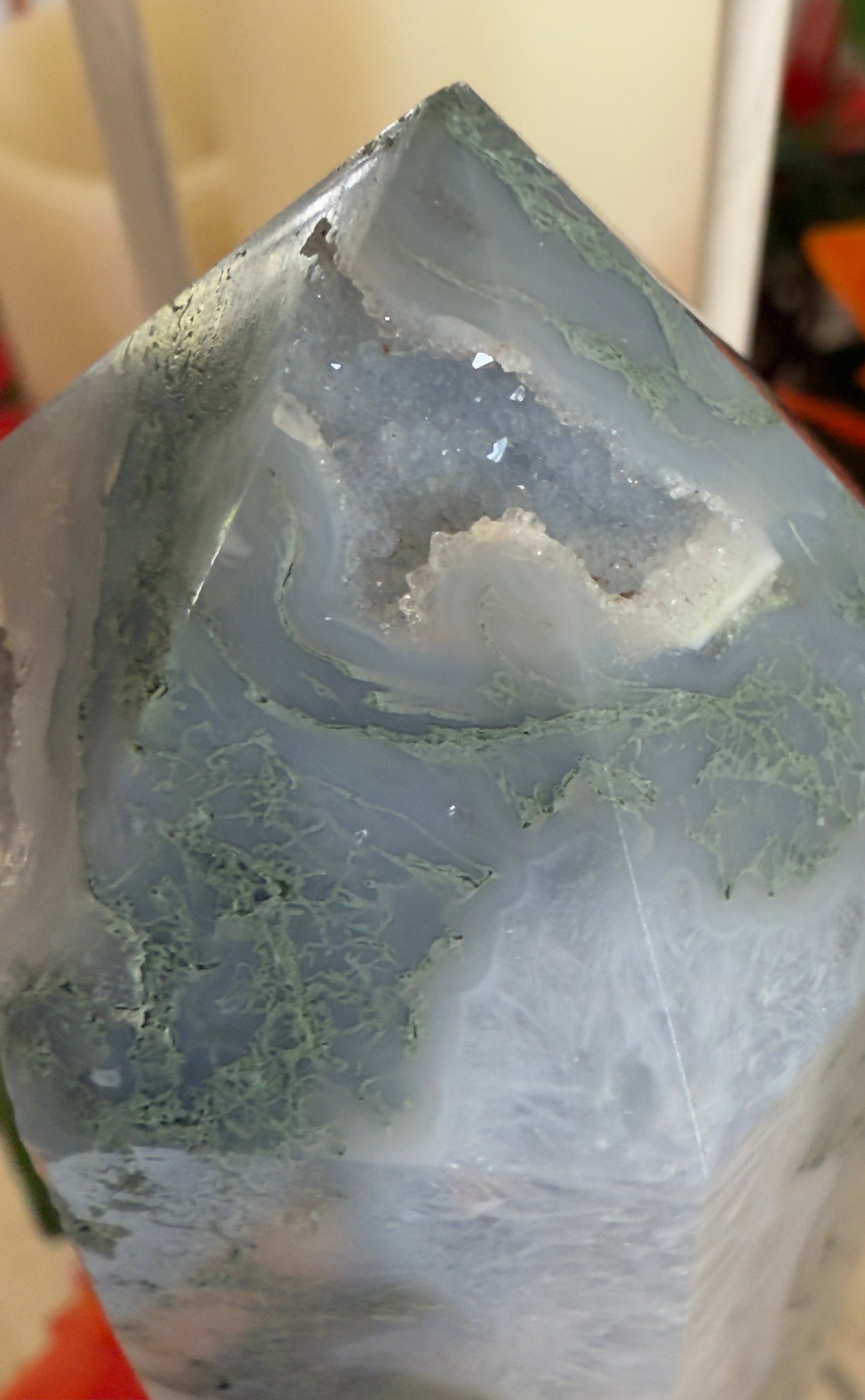 Moss Agate Druzy Tower - Heart Chakra Healing Crystal for Emotional Balance
