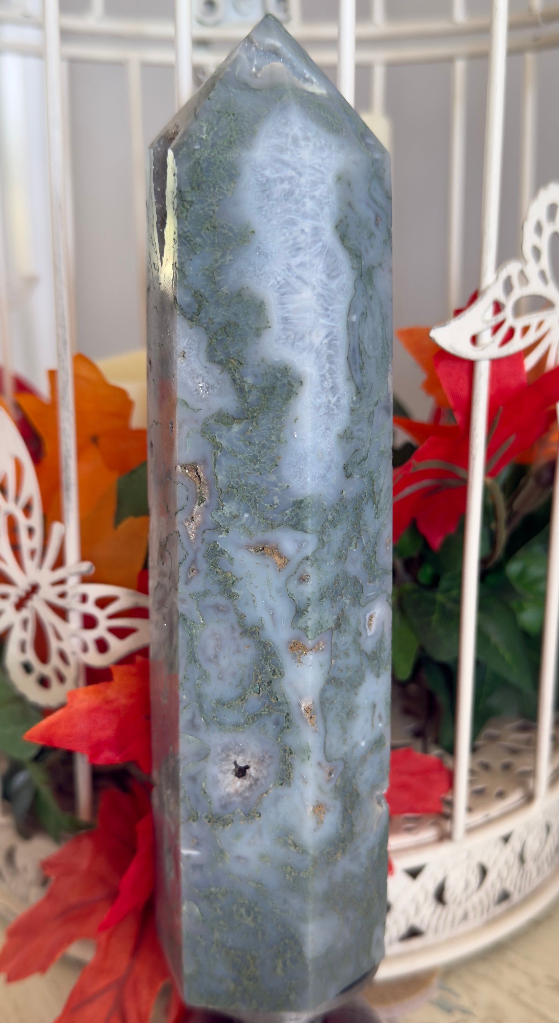 Moss Agate Druzy Tower - Heart Chakra Healing Crystal for Emotional Balance
