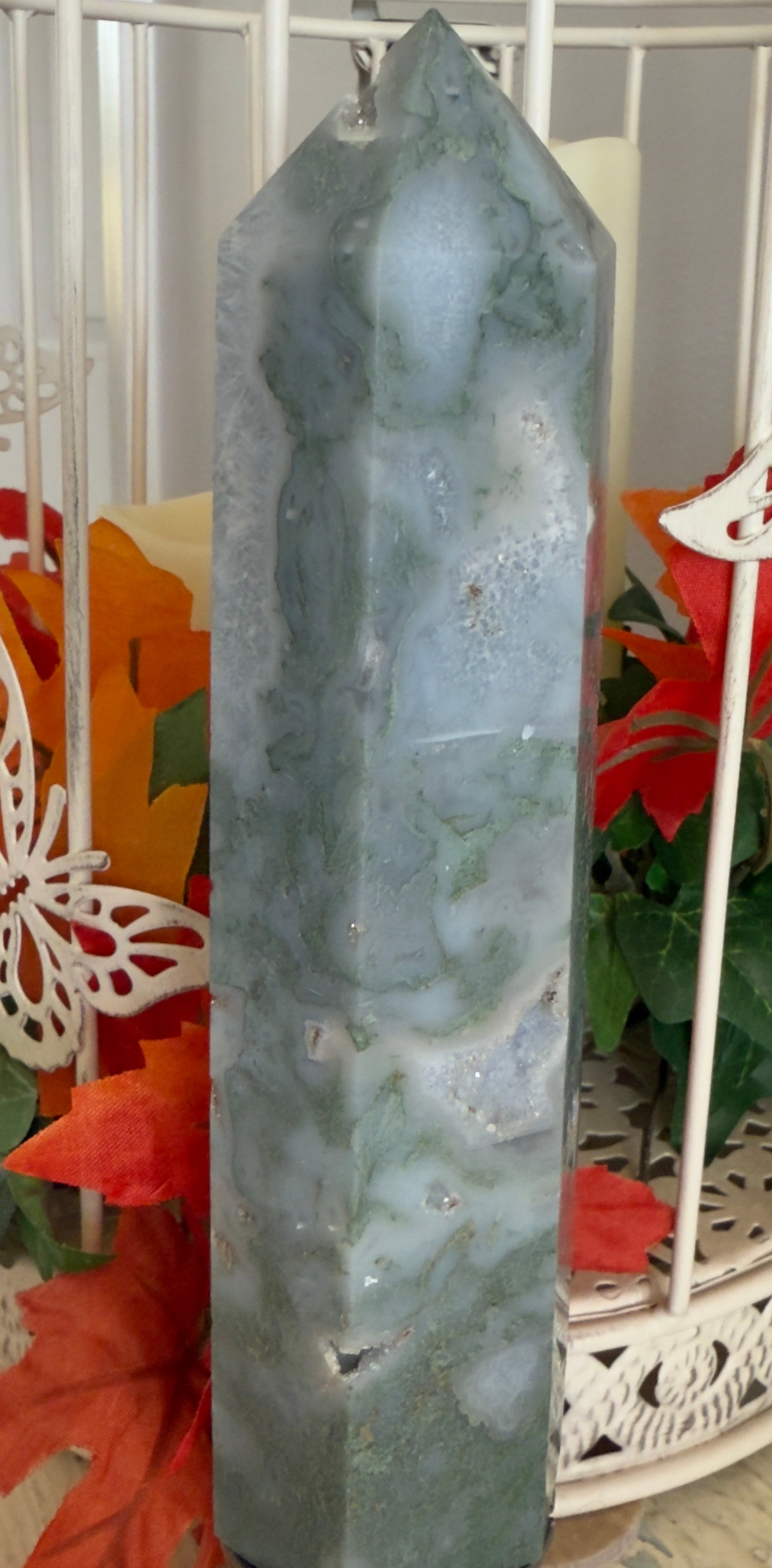 Moss Agate Druzy Tower - Heart Chakra Healing Crystal for Emotional Balance

