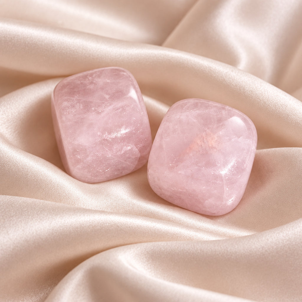 Two Rose Quartz hand carved square cubes on a white background