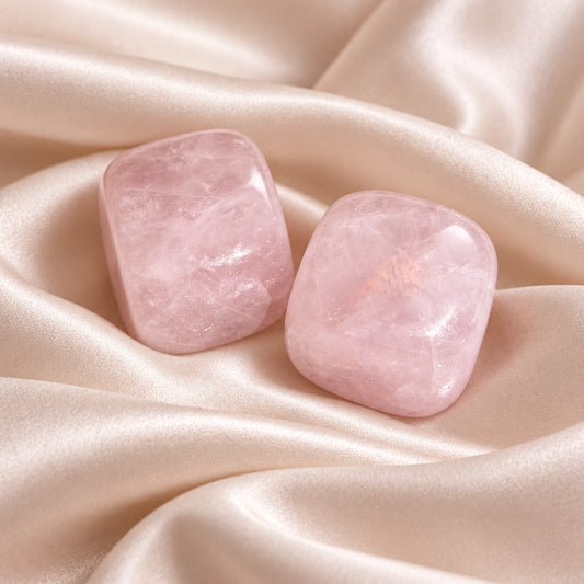 Two Rose Quartz hand carved square cubes on a white background