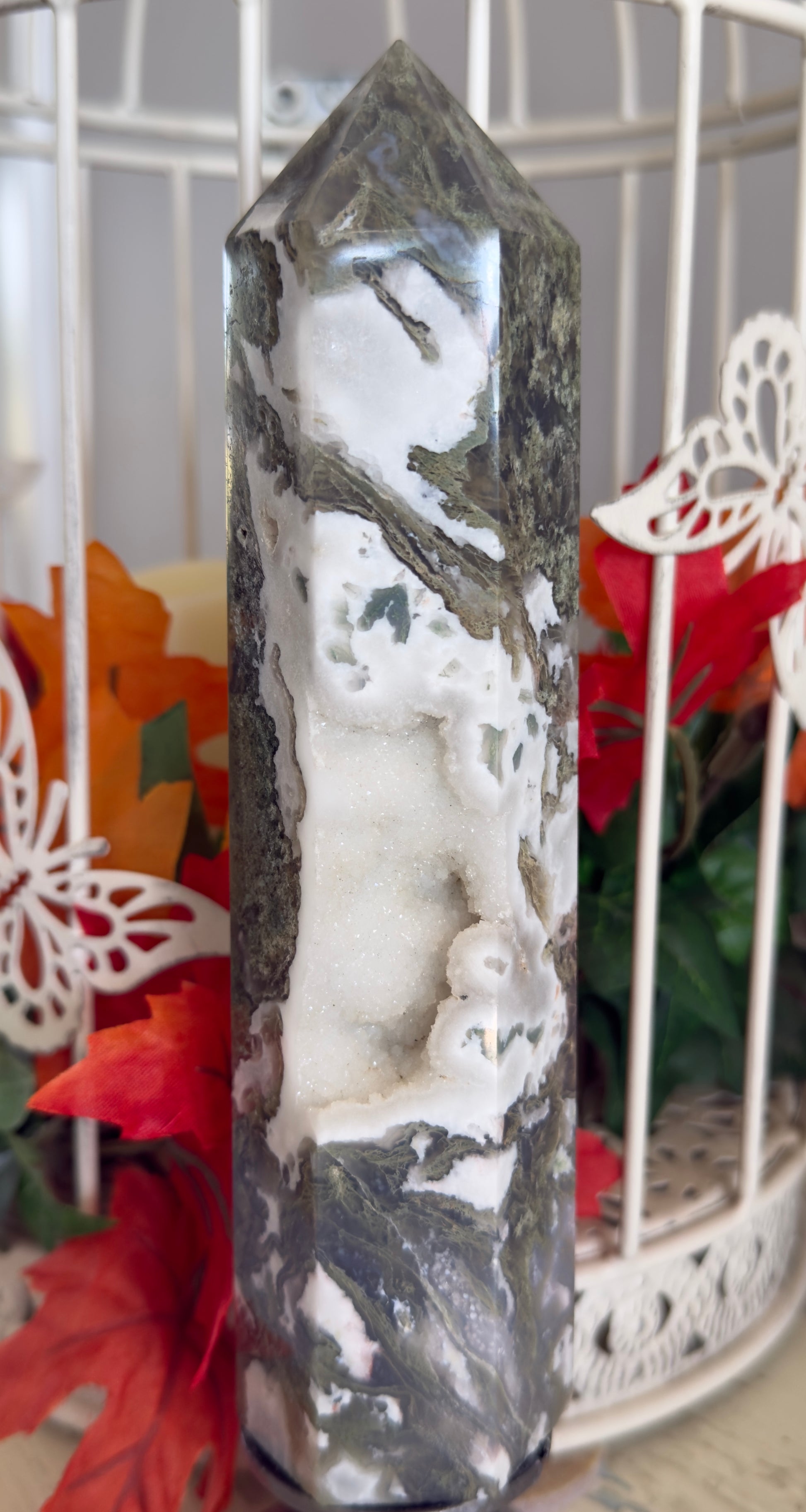 Moss Agate Druzy Tower - Heart Chakra Healing Crystal for Emotional Balance
