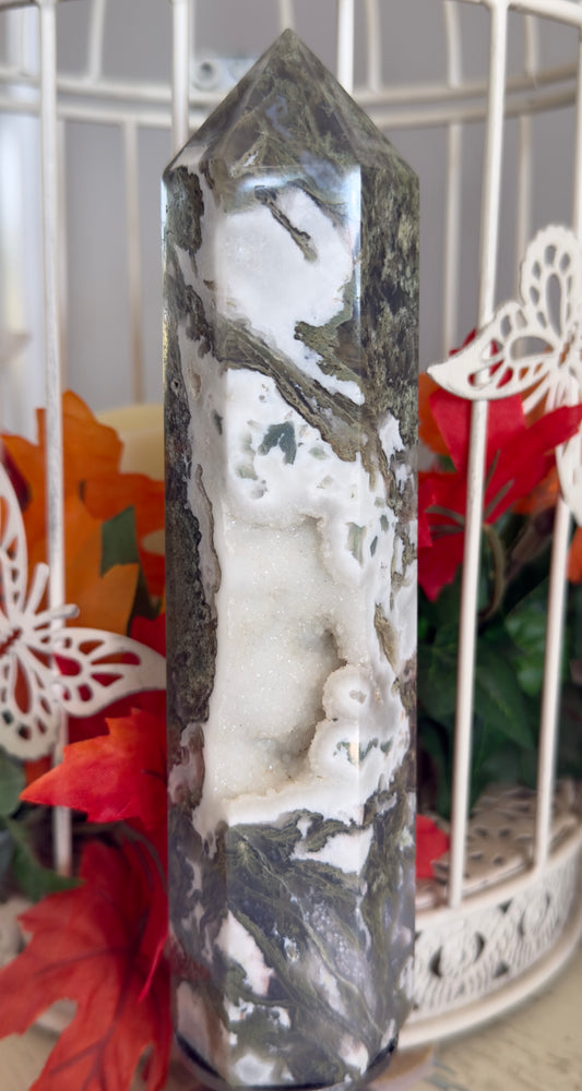 Moss Agate Druzy Tower - Heart Chakra Healing Crystal for Emotional Balance
