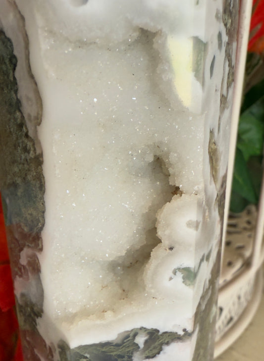 Moss Agate Druzy Tower - Heart Chakra Healing Crystal for Emotional Balance
