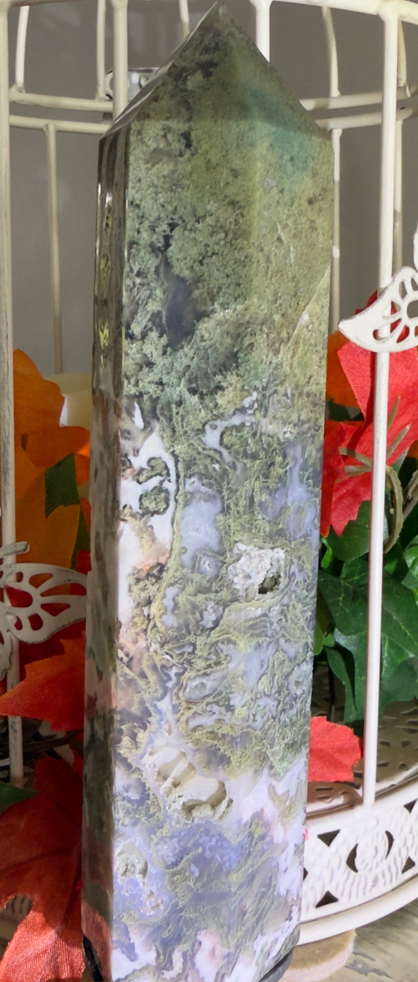 Moss Agate Druzy Tower - Heart Chakra Healing Crystal for Emotional Balance
