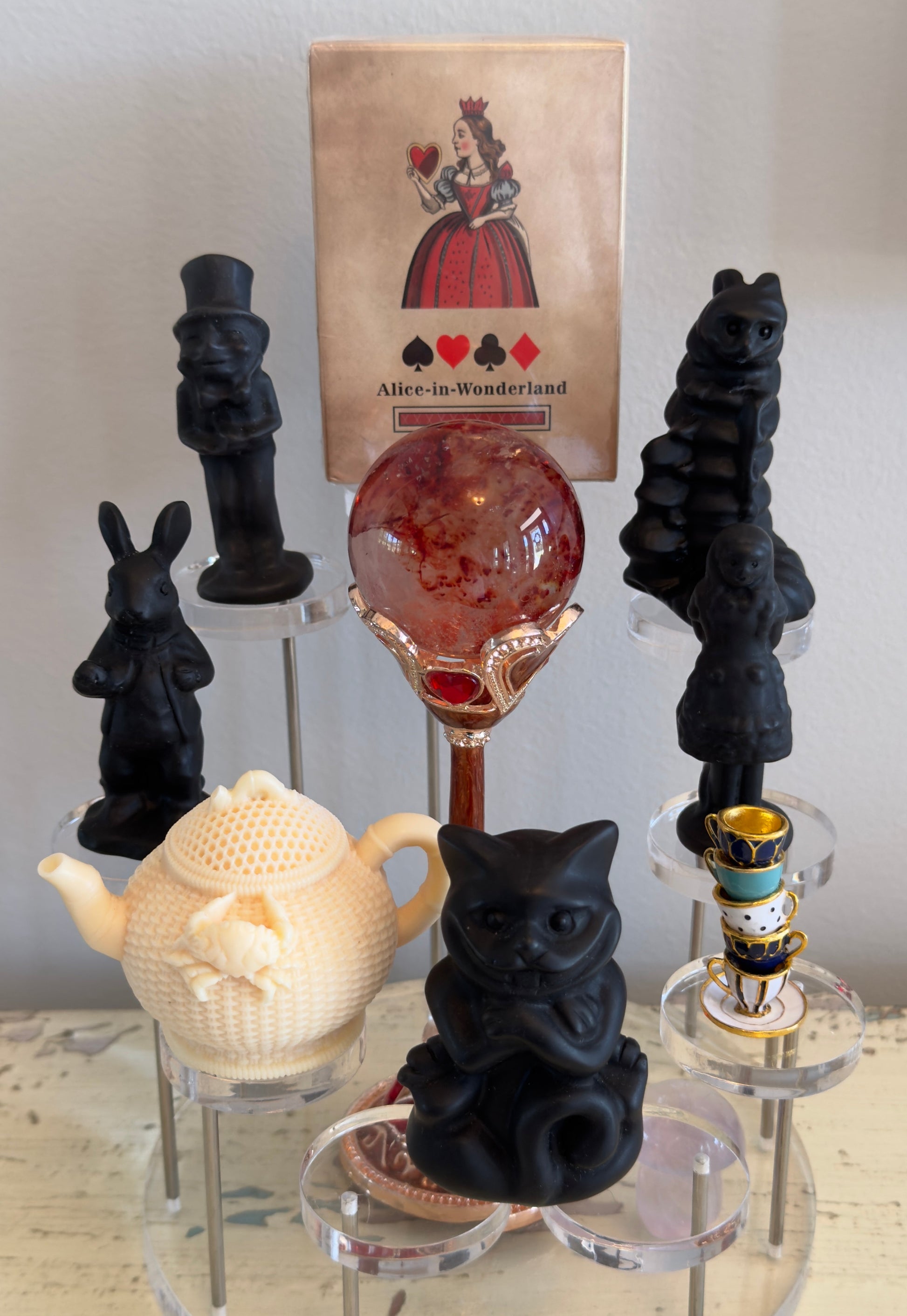 Alice in Wonderland Black Obsidian & Pottery Teapot (B) - 11 Piece Collection - Main Street Crystals & Minerals