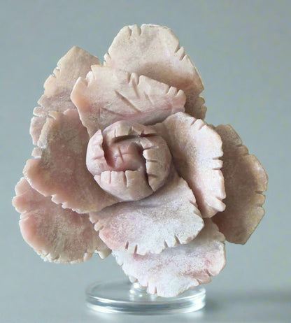 Hand-carved pink opal crystal flower, peony or carnation style, polished layered gemstone sculpture for metaphysical healing, Main Street Crystals and Minerals