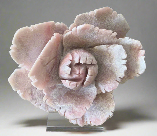 Hand-carved pink opal crystal flower, peony or carnation style, polished layered gemstone sculpture for metaphysical healing, Mainstreet Crystals and Minerals